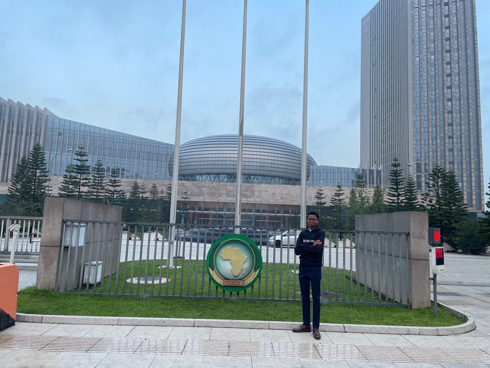 David Muanda poses for a picture at the headquarters of the African Union in Addis Ababa, Ethiopia